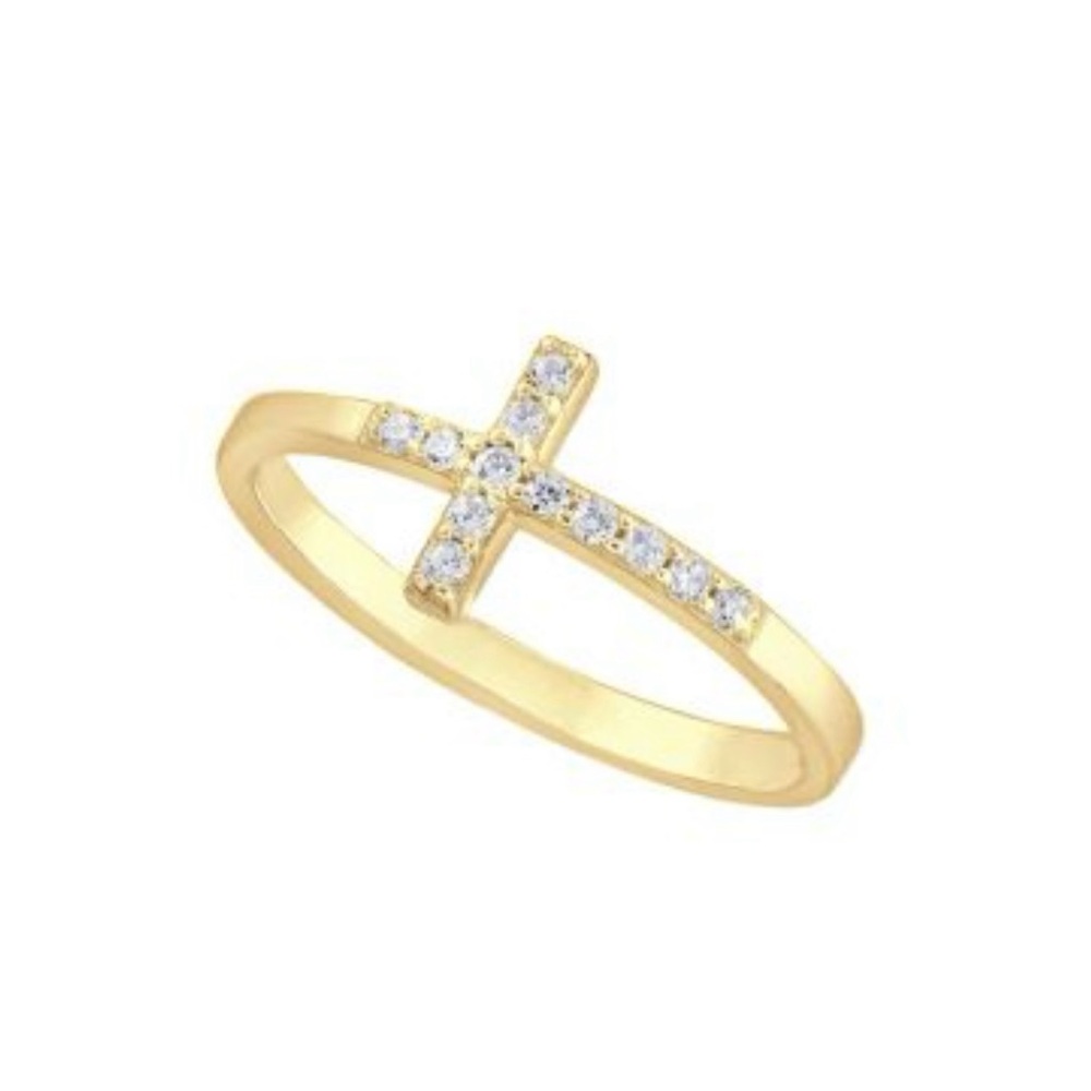 Elegant Gold Over Sterling Silver Cross Ring with Crystals